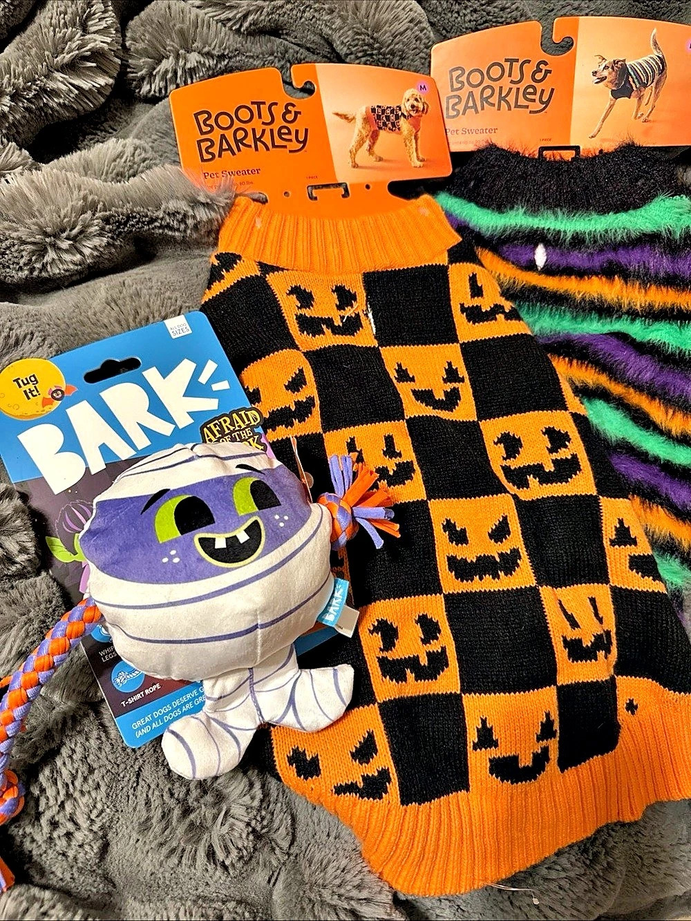 3 Boots Barkley Halloween Striped Dog Sweater M Med Pumpkin Tug Toy